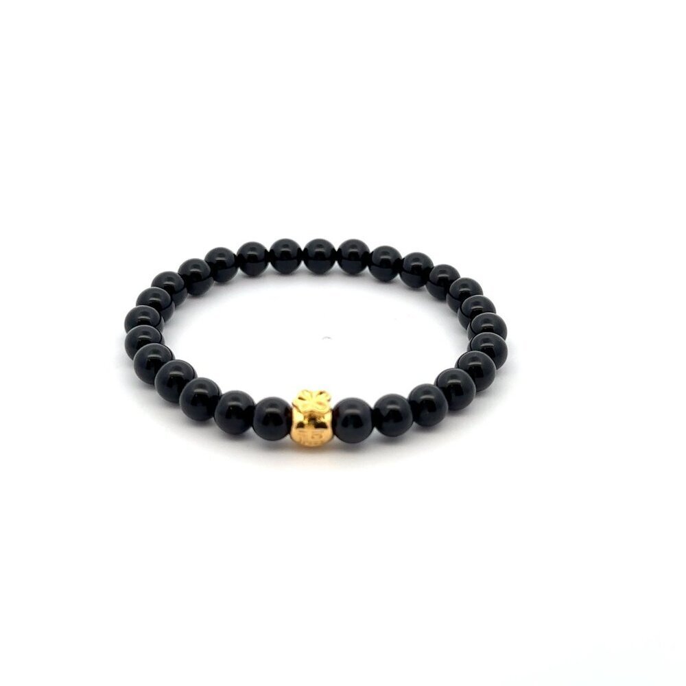 18K Gold Money Bag Onyx Gemstones 6mm Lucky Charm Elastic Bracelet Size 6"